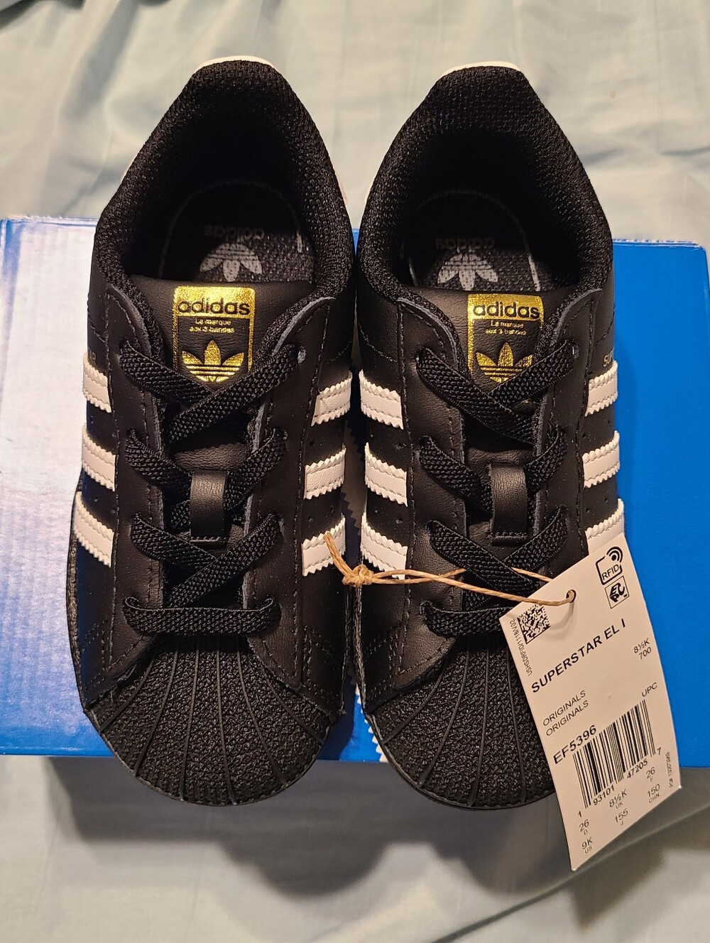 adidas Kids Black & White Superstar EL I Sneaker with Gold Accents